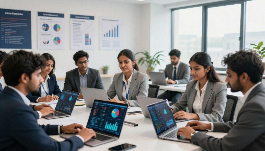 A dynamic and informative scene capturing the essence of data science skills. In the foreground, a diverse group of Indian students, dressed in professional business attire, engage with data visualizations on modern laptops and digital screens filled with graphs and charts. The middle ground features a well-equipped career counseling space, with charts highlighting skills like programming, statistics, and machine learning on the walls. The background depicts a bright, inviting atmosphere, enhanced by soft, natural lighting streaming through large windows, symbolizing a bright future. The overall mood is professional and motivational, reflecting the journey of learning and growth in data science and analytics. A dynamic and informative scene capturing the essence of data science skills. In the foreground, a diverse group of Indian students, dressed in professional business attire, engage with data visualizations on modern laptops and digital screens filled with graphs and charts. The middle ground features a well-equipped career counseling space, with charts highlighting skills like programming, statistics, and machine learning on the walls. The background depicts a bright, inviting atmosphere, enhanced by soft, natural lighting streaming through large windows, symbolizing a bright future. The overall mood is professional and motivational, reflecting the journey of learning and growth in data science and analytics.