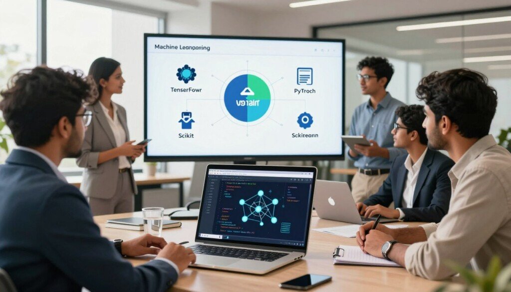 A dynamic illustration showcasing machine learning frameworks, presented in a modern office environment. In the foreground, a sleek laptop displays complex code and neural network visualizations, surrounded by professional business attire individuals engaged in discussion, reflecting collaboration among Indian students. The middle ground features a large screen with infographics on various machine learning technologies—TensorFlow, PyTorch, and Scikit-learn—highlighted. In the background, a modern office with large windows allows natural light to flood the space, enhancing a productive atmosphere. The color scheme is warm and inviting, with a focus on blues and greens to convey innovation. The overall mood is motivating and educational, perfect for illustrating essential skills for success in data science and AI. No text overlays or watermarks are present, ensuring a clean and professional look. A dynamic illustration showcasing machine learning frameworks, presented in a modern office environment. In the foreground, a sleek laptop displays complex code and neural network visualizations, surrounded by professional business attire individuals engaged in discussion, reflecting collaboration among Indian students. The middle ground features a large screen with infographics on various machine learning technologies—TensorFlow, PyTorch, and Scikit-learn—highlighted. In the background, a modern office with large windows allows natural light to flood the space, enhancing a productive atmosphere. The color scheme is warm and inviting, with a focus on blues and greens to convey innovation. The overall mood is motivating and educational, perfect for illustrating essential skills for success in data science and AI. No text overlays or watermarks are present, ensuring a clean and professional look.