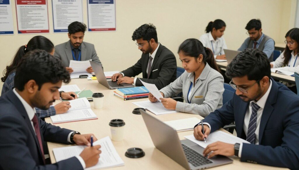 A dynamic scene depicting Indian students engaging in MBA entrance exam preparation. In the foreground, a diverse group of motivated students are focused, reviewing study materials and practice papers, dressed in professional business attire. The middle ground features a large, well-lit study table cluttered with textbooks, a laptop, and coffee mugs, symbolizing dedication and hard work. In the background, a classroom environment with posters of various MBA entrance exams like CAT and XAT. Soft, warm lighting creates an inviting and academic atmosphere, conveying seriousness and commitment. The angle is slightly above eye level, capturing the focused expressions of the students, embodying the spirit of academic pursuit and career counselling in a clean and educational context.