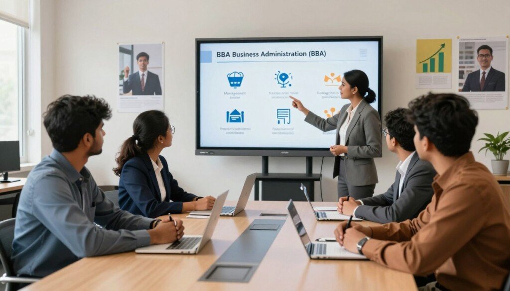 A dynamic scene depicting Indian students in a modern career counseling session focused on Bachelor's in Business Administration (BBA). In the foreground, a diverse group of three students dressed in professional attire sits around a sleek conference table, engaging with a career counselor gesturing toward a digital presentation. The middle ground features a large screen displaying key BBA career opportunities, such as management and entrepreneurship icons. The background reveals a bright, airy office space with motivational posters related to business success and growth, bathed in warm, natural light. The atmosphere is focused and inspiring, highlighting the excitement of educational and career pathways. Use a wide-angle lens to capture the depth of the space and maintain a clean, professional aesthetic throughout.