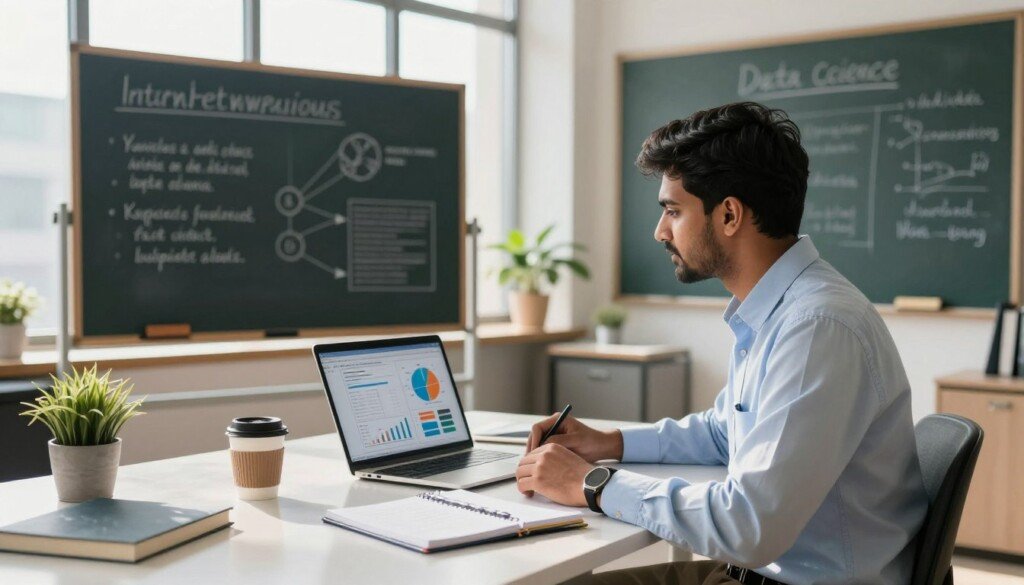 A focused scene of an Indian student preparing for a data science internship interview in a modern office setting. In the foreground, the student, dressed in professional attire, sits at a sleek desk cluttered with notebooks, a laptop displaying data charts, and statistical models. The middle ground features a chalkboard filled with key data science concepts and interview tips, alongside a coffee cup and a potted plant for a touch of warmth. In the background, bright sunlight streams through large windows, illuminating the room and creating a motivated atmosphere. The mood is one of determination and professionalism, emphasizing the importance of preparation in a competitive field. The image captures an educational vibe, highlighting career counseling and the journey of a fresher in the data science domain. A focused scene of an Indian student preparing for a data science internship interview in a modern office setting. In the foreground, the student, dressed in professional attire, sits at a sleek desk cluttered with notebooks, a laptop displaying data charts, and statistical models. The middle ground features a chalkboard filled with key data science concepts and interview tips, alongside a coffee cup and a potted plant for a touch of warmth. In the background, bright sunlight streams through large windows, illuminating the room and creating a motivated atmosphere. The mood is one of determination and professionalism, emphasizing the importance of preparation in a competitive field. The image captures an educational vibe, highlighting career counseling and the journey of a fresher in the data science domain.