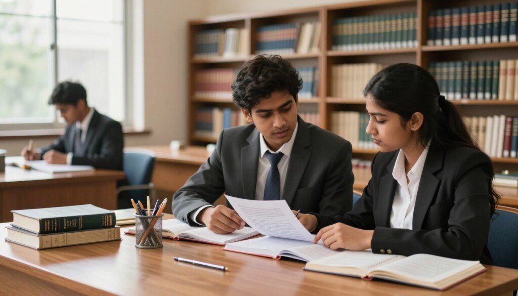 A focused study scene for "CLAT Examination Preparation" featuring Indian students in a well-lit library setting. In the foreground, two young adults, a male and a female, both dressed in professional business attire, are sitting at a large wooden table covered with law books, notebooks, and stationery. They are engaged in intense discussion, with one pointing at a page in a legal text while the other takes notes. In the middle ground, shelves filled with law literature and study materials enhance the academic atmosphere. The background showcases a large window with natural light streaming in, illuminating the scene and creating a warm, productive mood. The image captures the essence of ambition and diligence, fitting for aspiring law students.