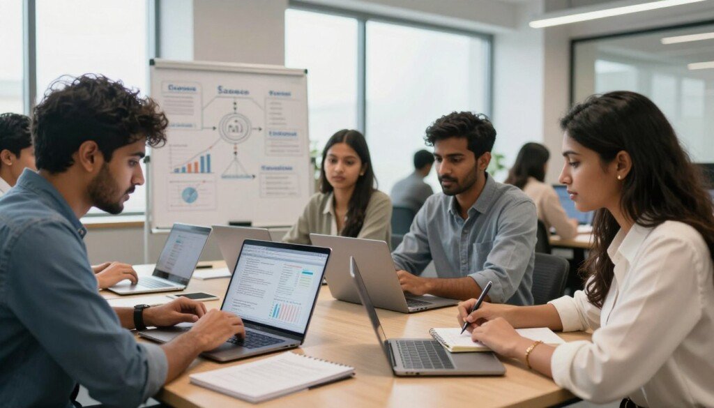 A modern and professional workspace showcasing a diverse group of Indian students collaborating over laptops and notebooks, deeply engaged in a discussion about data science internship opportunities. In the foreground, a male student in a smart casual outfit examines data analytics on a laptop screen, while a female student in professional attire takes notes on a notepad. The middle ground features a whiteboard filled with data science concepts, graphs, and career paths. The background highlights a bright, inviting office space with large windows letting in soft natural light, creating a warm and educational atmosphere. The image captures the essence of career counseling, with an emphasis on teamwork and ambition in the field of data science. A modern and professional workspace showcasing a diverse group of Indian students collaborating over laptops and notebooks, deeply engaged in a discussion about data science internship opportunities. In the foreground, a male student in a smart casual outfit examines data analytics on a laptop screen, while a female student in professional attire takes notes on a notepad. The middle ground features a whiteboard filled with data science concepts, graphs, and career paths. The background highlights a bright, inviting office space with large windows letting in soft natural light, creating a warm and educational atmosphere. The image captures the essence of career counseling, with an emphasis on teamwork and ambition in the field of data science.
