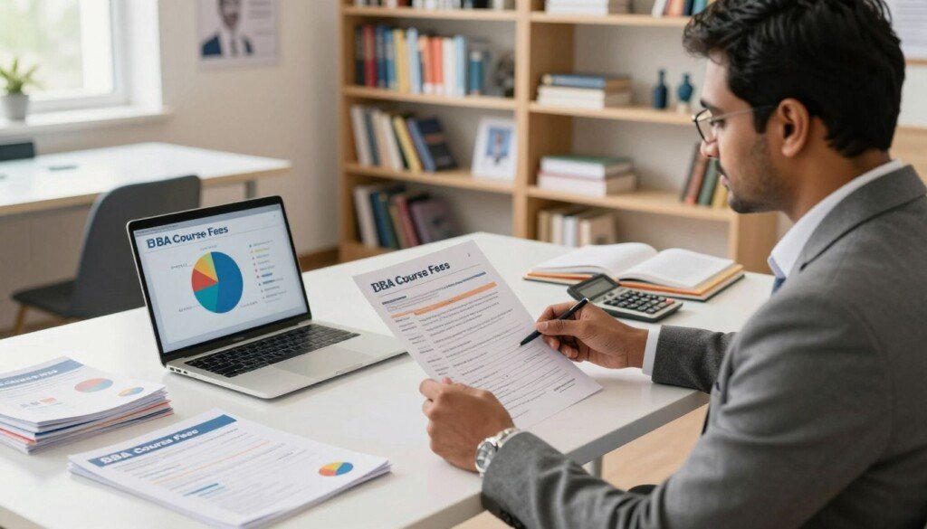A modern educational setting, focusing on the theme of "BBA Course Fees" with an emphasis on Indian students. In the foreground, a professional-looking Indian adult in business attire is reviewing financial documents and a laptop displaying a pie chart of cost breakdowns. In the middle, a clean, organized desk with various study materials, brochures on BBA programs, and a calculator, creating an atmosphere of focus and professionalism. The background showcases a well-lit classroom environment, with bookshelves filled with academic texts and motivational posters related to business education. The scene is bathed in warm, natural lighting from a nearby window, enhancing the inviting and educational mood. The angle captures the desk from a slightly elevated side perspective, inviting viewers into the space.