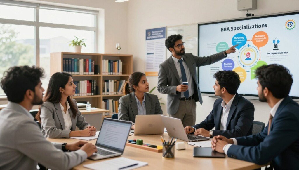 A modern educational setting showcasing BBA specialisations tailored for the Indian market. In the foreground, a diverse group of Indian students in professional business attire, engaged in a discussion about their career paths, with one student pointing towards a colorful infographic displaying various BBA specialisations such as Marketing, Finance, Human Resources, and Entrepreneurship. In the middle ground, a well-organized library filled with academic books and resources on BBA subjects, while visual elements like laptops and stationery suggest active learning. The background features a bright, airy classroom with motivational posters related to business education. Soft, natural lighting filters in through large windows, creating an inviting and encouraging atmosphere. The overall mood is one of aspiration and focus, embodying the journey of students finding their niche in the dynamic Indian market.