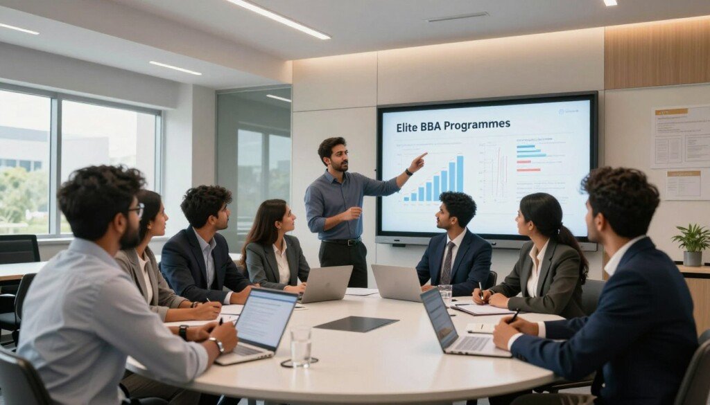 A modern, inspiring classroom environment within a premier business school setting. In the foreground, a diverse group of Indian students, dressed in professional business attire, engaged in a brainstorming session around a large table, exuding enthusiasm and focus. In the middle ground, a dynamic lecturer passionately gesturing at a digital presentation on an interactive whiteboard displaying "Elite BBA Programmes" with charts and graphs. The background features sleek, contemporary architecture of the business school, with large windows allowing natural light to flood in, creating an energizing atmosphere. Soft, warm lighting enhances the vibrant scene, making it feel both educational and inviting. The overall mood is one of ambition and forward-thinking, capturing the essence of premier business education.