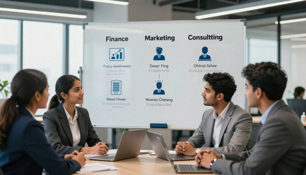 A modern office setting featuring Indian students engaged in career counseling. In the foreground, a diverse group of three young professionals in smart business attire are discussing various MBA career options, showcasing enthusiasm and ambition. In the middle, a large transparent whiteboard displays various industry sectors like finance, marketing, and consulting with icons representing distinct job roles, such as analysts, managers, and entrepreneurs. The background features a modern office design with soft natural lighting coming through large windows, creating an inviting atmosphere. The image captures a sense of inspiration and professionalism, ideal for conveying the importance of choosing the right MBA specialization for future career success.