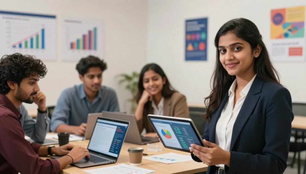A modern office setting showcasing a diverse group of Indian students engaged in a career counseling session focused on data science careers. In the foreground, a young Indian woman in professional attire is presenting salary statistics and job prospects on a sleek digital tablet, her expression confident and engaging. In the middle, two students, a male and a female, are discussing enthusiastically, with laptops open and data visualizations on the screens. The background features a bright, clean office environment with charts displaying salary trends, colorful graphs, and motivational posters related to data science careers. The lighting is warm and inviting, creating a professional yet approachable atmosphere, shot with a slight angle to enhance depth, reminiscent of motivational corporate imagery. A modern office setting showcasing a diverse group of Indian students engaged in a career counseling session focused on data science careers. In the foreground, a young Indian woman in professional attire is presenting salary statistics and job prospects on a sleek digital tablet, her expression confident and engaging. In the middle, two students, a male and a female, are discussing enthusiastically, with laptops open and data visualizations on the screens. The background features a bright, clean office environment with charts displaying salary trends, colorful graphs, and motivational posters related to data science careers. The lighting is warm and inviting, creating a professional yet approachable atmosphere, shot with a slight angle to enhance depth, reminiscent of motivational corporate imagery.