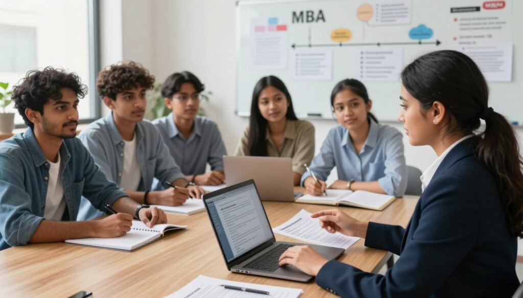 A professional Indian career counselor guiding a diverse group of students through the MBA admission process, set in a modern, well-lit office environment. In the foreground, the counselor, dressed in professional attire, is explaining the steps, using a laptop and admission brochures. The middle features students of various ethnic backgrounds, attentively listening and taking notes, conveying a sense of engagement and eagerness. The background showcases a whiteboard filled with charts and diagrams outlining the MBA admission journey, emphasizing a step-by-step progression. Bright, warm lighting creates an inviting atmosphere, while a slightly elevated perspective captures the connection between the counselor and students, highlighting an educational and supportive environment.