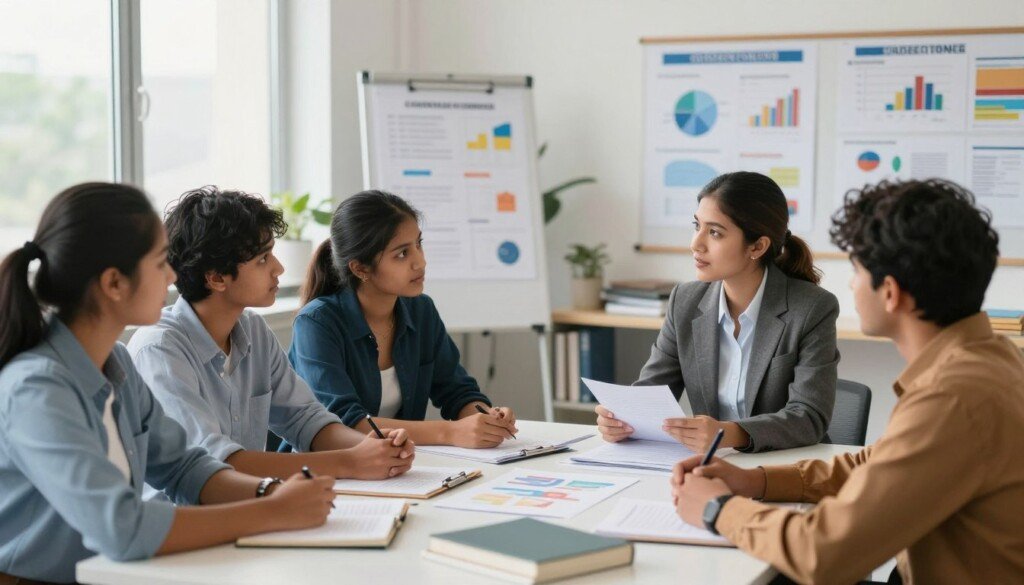 A professional and educational scene depicting Indian students engaged in career counseling focused on BBA (Bachelor of Business Administration). In the foreground, a diverse group of students, dressed in smart casual attire, are attentively discussing various career options with an experienced career counselor, who is seated at a modern desk filled with educational materials. The middle ground features educational charts and books related to business studies. In the background, a bright and inviting classroom environment with large windows allowing natural light to illuminate the space, creating a warm atmosphere. The overall mood should be inspiring and motivational, highlighting the importance of education and career planning in a professional setting. The image should be crisp, with a shallow depth of field to keep the focus on the students and counselor while softly blurring the background elements. A professional and educational scene depicting Indian students engaged in career counseling focused on BBA (Bachelor of Business Administration). In the foreground, a diverse group of students, dressed in smart casual attire, are attentively discussing various career options with an experienced career counselor, who is seated at a modern desk filled with educational materials. The middle ground features educational charts and books related to business studies. In the background, a bright and inviting classroom environment with large windows allowing natural light to illuminate the space, creating a warm atmosphere. The overall mood should be inspiring and motivational, highlighting the importance of education and career planning in a professional setting. The image should be crisp, with a shallow depth of field to keep the focus on the students and counselor while softly blurring the background elements.