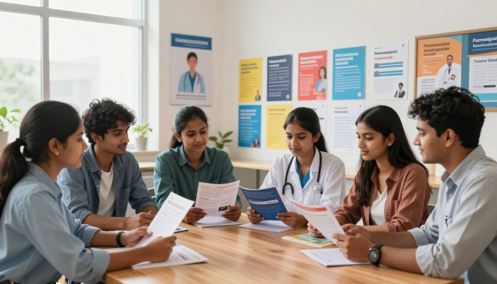 A professional and educational setting showcasing paramedical courses. In the foreground, a diverse group of young Indian students, dressed in smart casual attire, are engaged in conversation and looking at course brochures on a sleek wooden table. In the middle ground, a well-organized display of various paramedical courses, represented through colorful brochures and pamphlets featuring course names and fees. The background consists of a bright, modern classroom with motivational posters related to health sciences and career opportunities. The scene is well-lit with soft, natural daylight streaming through large windows, creating an inspiring atmosphere that promotes learning and professional growth. Capture a warm, inviting mood that emphasizes the importance of education and career counselling in the healthcare field.