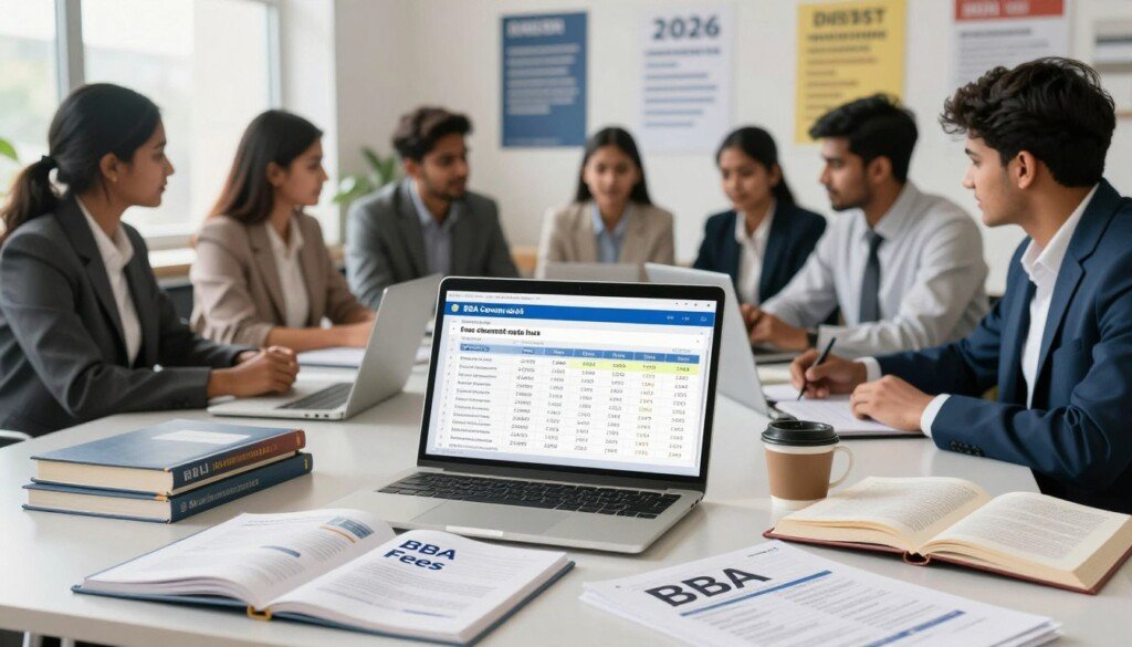 A professional and informative scene depicting a BBA course fees section designed for students. In the foreground, a neatly arranged desk featuring a laptop open to a financial spreadsheet with highlighted figures for tuition fees. Study materials like textbooks and brochures on BBA programs are spread out alongside a cup of coffee. In the middle ground, a diverse group of Indian students dressed in professional business attire, engaged in a discussion about course options and college choices for 2026. The background includes a bright, modern classroom environment with motivational posters related to career development. Soft, natural lighting filters in through a window, creating an inviting and focused atmosphere, evoking a sense of ambition and education. A professional and informative scene depicting a BBA course fees section designed for students. In the foreground, a neatly arranged desk featuring a laptop open to a financial spreadsheet with highlighted figures for tuition fees. Study materials like textbooks and brochures on BBA programs are spread out alongside a cup of coffee. In the middle ground, a diverse group of Indian students dressed in professional business attire, engaged in a discussion about course options and college choices for 2026. The background includes a bright, modern classroom environment with motivational posters related to career development. Soft, natural lighting filters in through a window, creating an inviting and focused atmosphere, evoking a sense of ambition and education.