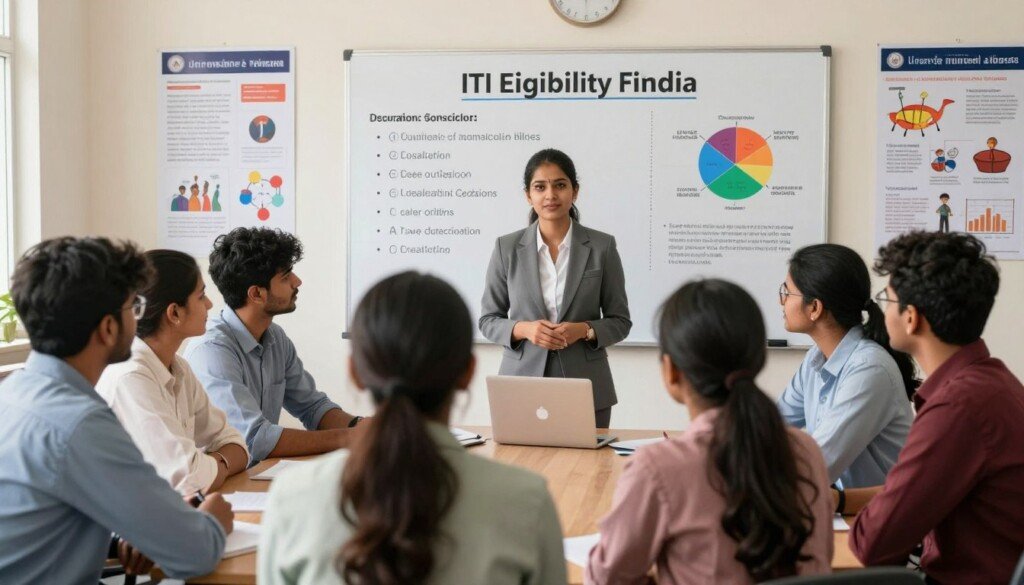 A professional and informative scene depicting the eligibility criteria for ITI courses in India. In the foreground, a diverse group of Indian students, both male and female, are attentively engaging in a career counseling session with a knowledgeable counselor. They are dressed in professional attire, showcasing interest and enthusiasm for vocational education. In the middle, a clear whiteboard outlines key points related to eligibility, such as age limits, educational qualifications, and necessary documents, adorned with vibrant charts and infographics. The background features a well-lit classroom environment with educational posters about trades and skills. The atmosphere should convey a sense of motivation and hope, emphasizing the importance of education and career opportunities for the students. Use bright, natural lighting to enhance the educational setting. A professional and informative scene depicting the eligibility criteria for ITI courses in India. In the foreground, a diverse group of Indian students, both male and female, are attentively engaging in a career counseling session with a knowledgeable counselor. They are dressed in professional attire, showcasing interest and enthusiasm for vocational education. In the middle, a clear whiteboard outlines key points related to eligibility, such as age limits, educational qualifications, and necessary documents, adorned with vibrant charts and infographics. The background features a well-lit classroom environment with educational posters about trades and skills. The atmosphere should convey a sense of motivation and hope, emphasizing the importance of education and career opportunities for the students. Use bright, natural lighting to enhance the educational setting.