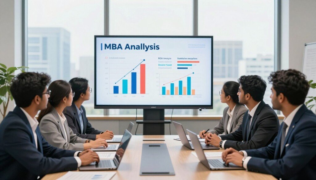 A professional business setting showcasing an MBA ROI analysis. In the foreground, a diverse group of Indian students dressed in smart business attire is engaged in a discussion around a modern conference table with laptops and financial documents spread out. In the middle, a large screen displays a colorful infographic illustrating ROI figures and charts related to MBA investments. The background features a bright, spacious office environment with large windows showing a cityscape. Soft, natural lighting streams in, creating an inviting atmosphere. The mood is focused and motivational, conveying the importance of education and investment in future careers. The image should be clear, professional, and visually engaging, ideal for an educational article.
