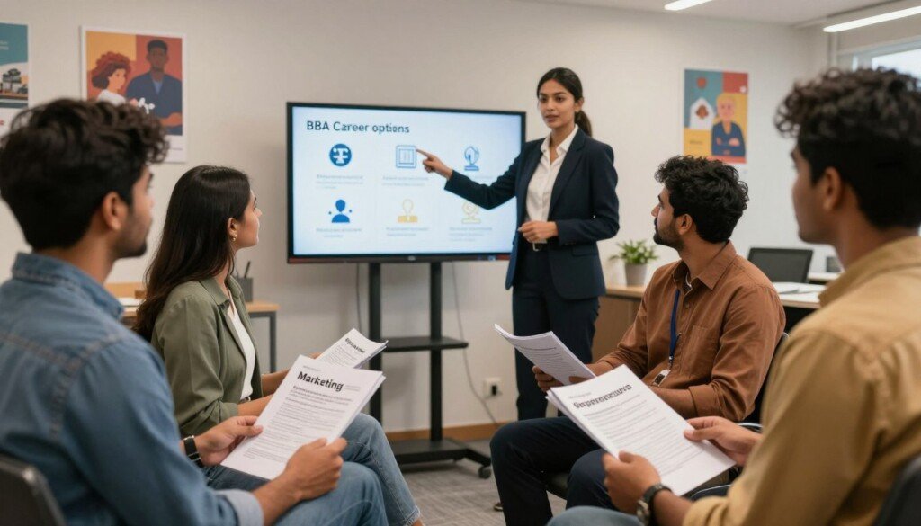 A professional career counseling scene featuring a diverse group of Indian students engaging in a discussion about BBA career options. In the foreground, show three students, two males and one female, dressed in smart casual attire, holding brochures about different career paths like marketing, finance, and entrepreneurship. In the middle ground, include a career counselor in formal business attire, pointing towards a digital screen displaying icons representing various job sectors such as IT, management, and consulting. The background should depict a modern office setting with motivational posters on the walls, soft lighting creating a warm and encouraging atmosphere. Utilize a wide-angle lens to capture the collaborative environment and evoke a sense of opportunity and professionalism.