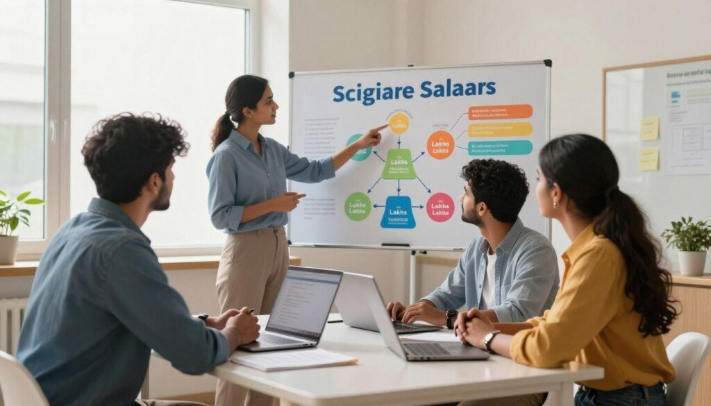 A professional career counseling scene in an indoor educational setting, showcasing Indian students engaged in discussions about data science salaries in India. In the foreground, two students, one male and one female, are seated at a sleek table with laptops and notebooks, wearing smart casual clothing suitable for a professional environment. In the middle background, a knowledgeable counselor is pointing at a large, colorful infographic board displaying various salary ranges in lakhs, depicting data science career paths. The atmosphere is bright and motivational, with soft, natural lighting filtering through large windows, casting a warm glow in the room. The setting is modern and clean, emphasizing a sense of ambition and educational growth. A professional career counseling scene in an indoor educational setting, showcasing Indian students engaged in discussions about data science salaries in India. In the foreground, two students, one male and one female, are seated at a sleek table with laptops and notebooks, wearing smart casual clothing suitable for a professional environment. In the middle background, a knowledgeable counselor is pointing at a large, colorful infographic board displaying various salary ranges in lakhs, depicting data science career paths. The atmosphere is bright and motivational, with soft, natural lighting filtering through large windows, casting a warm glow in the room. The setting is modern and clean, emphasizing a sense of ambition and educational growth.