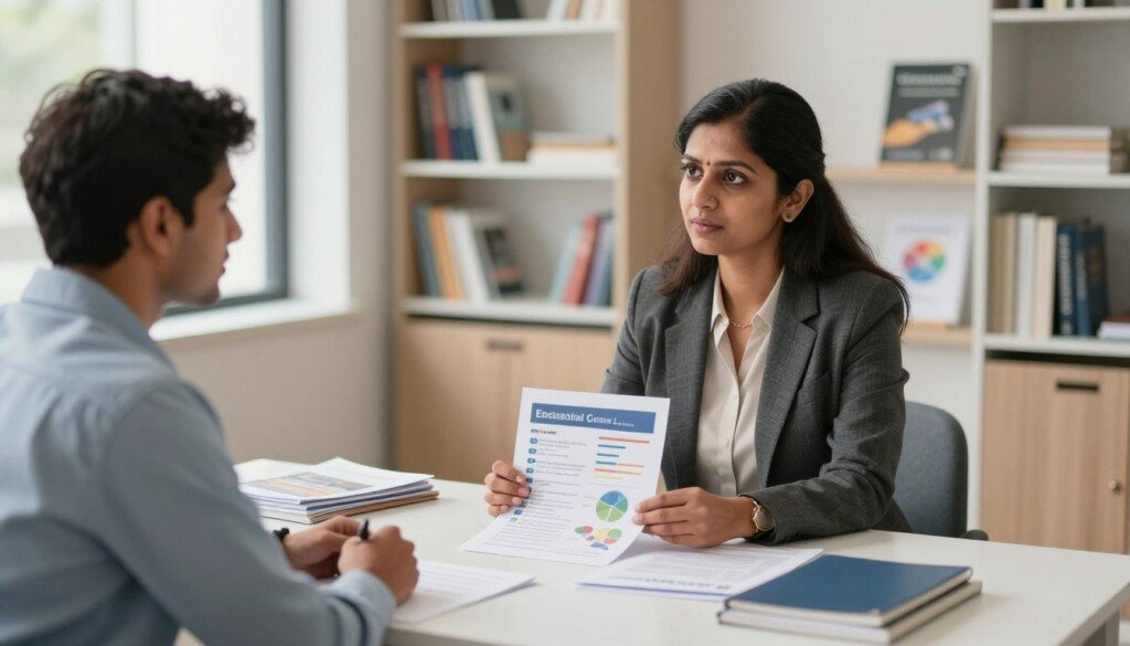 A professional career counseling session featuring an Indian student and a counselor in a modern office setting, with the counselor, a middle-aged South Asian woman dressed in formal attire, presenting a selection of educational materials like brochures and charts on a table. The student, a young South Asian male in smart casual attire, looks engaged and curious, sitting across from the counselor. The background showcases shelves lined with books and educational resources, creating an atmosphere of learning and support. Soft, natural light filters through a window, illuminating the scene and enhancing the warm, inviting mood. The camera angle offers a medium shot, capturing both subjects and their interaction in a professional and clean environment.