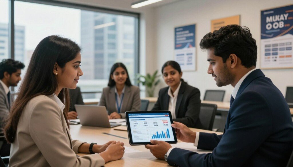 A professional career counseling setting featuring a group of Indian students in business attire, engaged in a discussion about MBA salary packages. In the foreground, a young woman and a man are examining a digital tablet displaying salary statistics and graphs related to MBA graduates in 2026. The middle ground shows a modern office environment with a large window revealing a bustling cityscape, symbolizing opportunities and growth. The background features motivational posters on the walls related to business and finance, enhancing the educational atmosphere. Soft, warm lighting illuminates the space, creating an inspiring mood. The image should have a professional and clean aesthetic, emphasizing the importance of education and career investment.