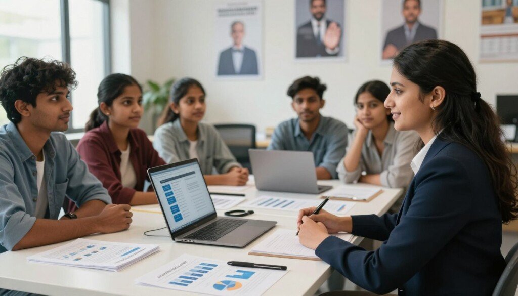 A professional career counselling session in a modern, well-lit office environment. In the foreground, a friendly career counsellor, dressed in smart business attire, engages attentively with a group of Indian students, who are dressed in modest casual clothing, looking curious and focused. The middle ground features a large desk with career planning materials, charts, and a laptop open with career options displayed. In the background, a wall with motivational posters about career choices and success is visible. The lighting is natural and warm, creating an inviting atmosphere. The scene should evoke a sense of guidance and support, reflecting the importance of making informed career decisions. No text or branding is present in the image.