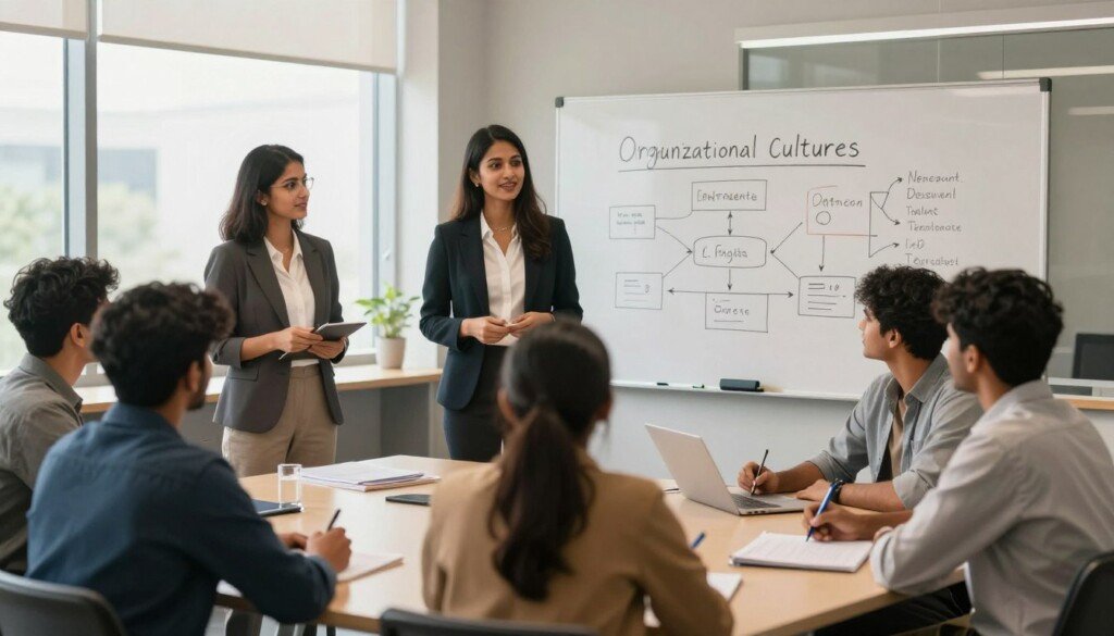 A professional classroom setting designed for an MBA in Human Resources course, featuring a diverse group of Indian students engaged in a lively discussion about organizational culture and talent development. In the foreground, a confident female instructor, dressed in smart business attire, stands at a whiteboard filled with diagrams illustrating HR concepts. In the middle, students of varying backgrounds are seated around a large table, taking notes and brainstorming ideas. The background showcases a modern classroom with large windows allowing natural light to stream in, highlighting the vibrant atmosphere. The scene conveys a sense of collaboration, professionalism, and focus on education in human resources. Use soft lighting to create a warm, inviting mood.
