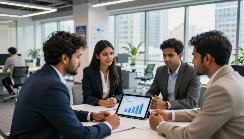 A professional setting depicting a diverse group of Indian MBA graduates in business attire, engaged in a dynamic discussion about salary packages. The foreground features three students: a man in a tailored suit, a woman in a smart dress, and another individual in a professional outfit, all looking at a digital tablet displaying graphs and charts of projected salaries for 2026. In the middle ground, a modern office space with sleek furniture and motivational posters about career growth. The background showcases a large window with a view of a bustling cityscape, symbolizing opportunity and ambition. Soft, natural lighting floods the room, creating an optimistic atmosphere, with a wide-angle perspective to capture the collaborative environment. The overall mood conveys professionalism and inspiration, highlighting career counseling in a formal yet approachable way.