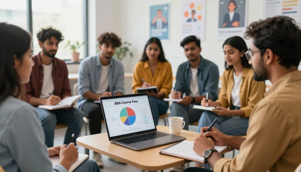 A professional setting depicting a group of diverse Indian students engaged in a career counseling session focused on BBA course fees. In the foreground, showcase a small table with a laptop displaying a pie chart and a notepad with details on BBA colleges and course fees structure. In the middle ground, students of varying backgrounds, wearing smart casual clothing, are discussing and taking notes. The background features a bright, modern classroom with motivational posters about education. Soft, natural lighting illuminates the scene, giving a warm and inviting atmosphere. Use a wide-angle lens to capture the interaction, emphasizing collaboration and excitement about educational opportunities.