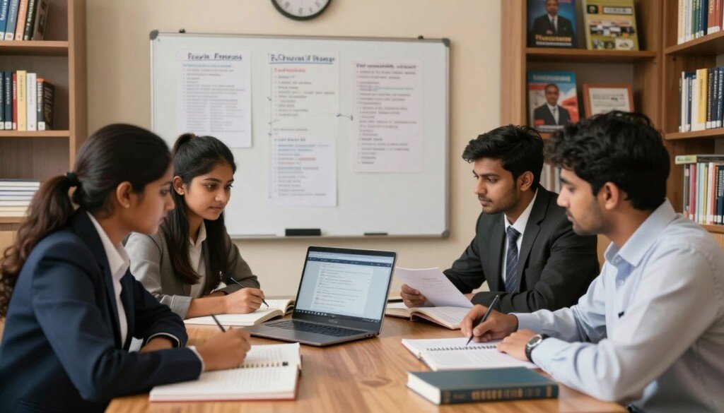 A serene study area depicting Indian students preparing for entrance exams in 2026. In the foreground, a diverse group of three students, dressed in professional business attire, are gathered around a wooden table overflowing with textbooks, study materials, and a laptop displaying an online study platform. The students are intently discussing strategies, with one student pointing at a notebook filled with notes. In the middle ground, a whiteboard is visible, covered in charts and diagrams outlining exam preparation strategies. The background features bookshelves filled with educational resources and motivational posters. Soft, warm lighting creates a focused yet encouraging atmosphere, while a slight depth of field adds visual interest, drawing attention to the engaged students. An overall sense of teamwork and determination permeates the scene.