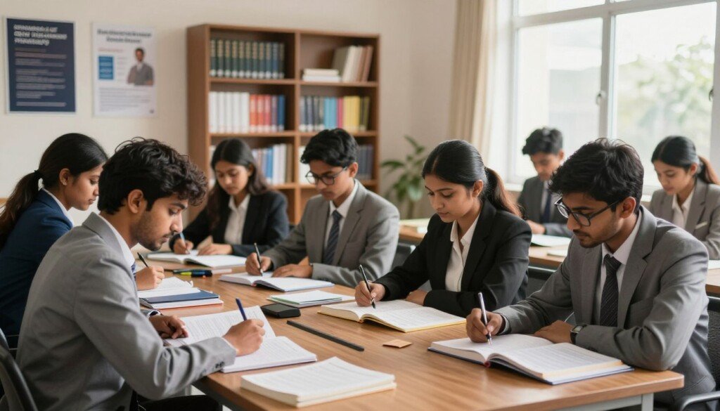 A serene study environment focusing on psychology entrance exam preparation. In the foreground, a diverse group of Indian students dressed in professional business attire, deeply engaged in group study. They are seated around a wooden table covered with psychology textbooks, notebooks, and stationery. The middle ground features a large bookshelf filled with psychology reference books and motivational posters about mental health. The background shows a bright window with soft natural light streaming in, casting a warm and inviting glow over the scene. The atmosphere is focused and collaborative, conveying a sense of determination and ambition in an educational setting. The image captures the essence of career counseling and the journey to secure admission in psychology programs. A serene study environment focusing on psychology entrance exam preparation. In the foreground, a diverse group of Indian students dressed in professional business attire, deeply engaged in group study. They are seated around a wooden table covered with psychology textbooks, notebooks, and stationery. The middle ground features a large bookshelf filled with psychology reference books and motivational posters about mental health. The background shows a bright window with soft natural light streaming in, casting a warm and inviting glow over the scene. The atmosphere is focused and collaborative, conveying a sense of determination and ambition in an educational setting. The image captures the essence of career counseling and the journey to secure admission in psychology programs.
