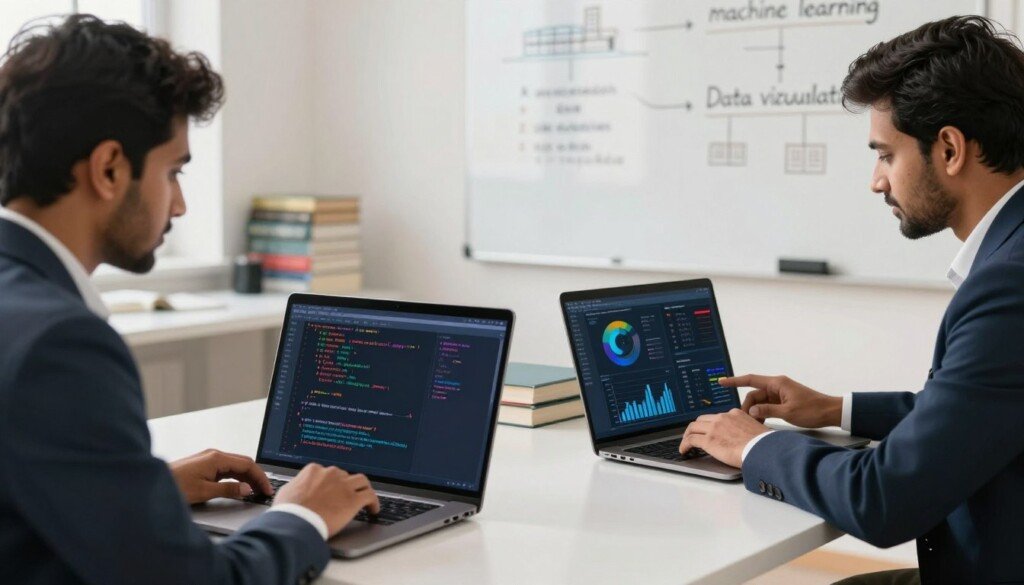 A split-scene image illustrating the difference between data science and data analytics. In the foreground, on the left, an Indian student in professional business attire is focused on a laptop displaying complex algorithms and coding elements, representing data science. On the right, another Indian student, also in business attire, analyzes data on a digital dashboard filled with charts and graphs, symbolizing data analytics. In the middle ground, a clean, modern workspace is visible, featuring books and a whiteboard with key terms like “machine learning” and “data visualization.” The background should depict a bright and educational atmosphere, with warm lighting that fosters a sense of discovery. The angle of the shot is slightly elevated, capturing both individuals engaged in their tasks, conveying a sense of professionalism and career progression. A split-scene image illustrating the difference between data science and data analytics. In the foreground, on the left, an Indian student in professional business attire is focused on a laptop displaying complex algorithms and coding elements, representing data science. On the right, another Indian student, also in business attire, analyzes data on a digital dashboard filled with charts and graphs, symbolizing data analytics. In the middle ground, a clean, modern workspace is visible, featuring books and a whiteboard with key terms like “machine learning” and “data visualization.” The background should depict a bright and educational atmosphere, with warm lighting that fosters a sense of discovery. The angle of the shot is slightly elevated, capturing both individuals engaged in their tasks, conveying a sense of professionalism and career progression.