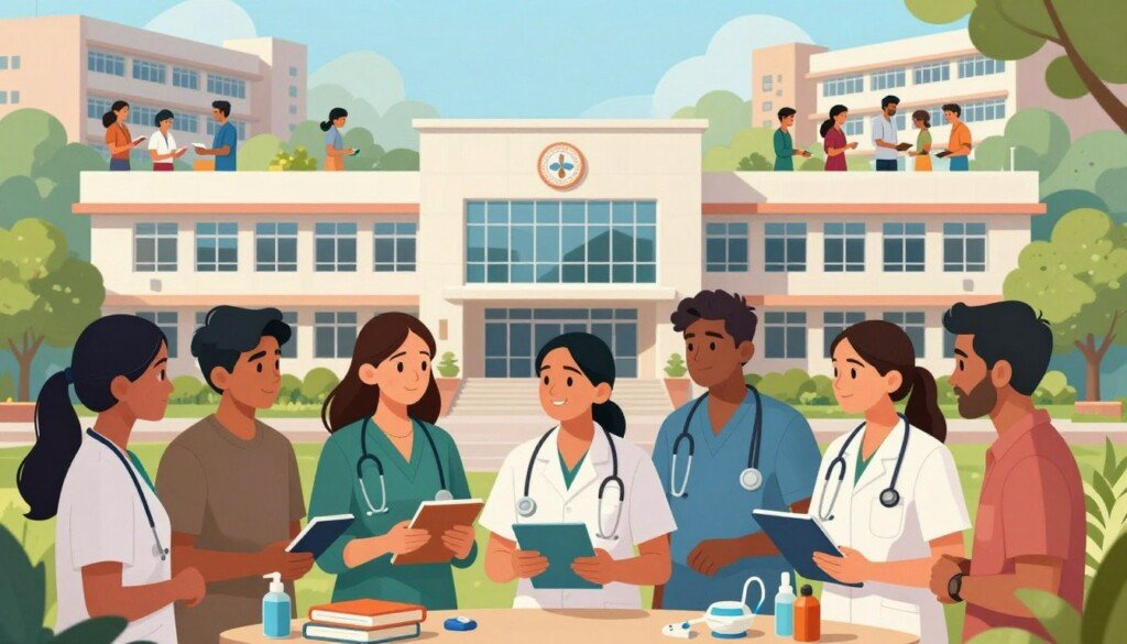 A vibrant and educational illustration showcasing the top nursing colleges in India. In the foreground, a group of diverse Indian students in professional attire discussing their career paths, surrounded by books and nursing equipment. The middle ground features a modern, well-equipped nursing college building with a clean, welcoming facade, large glass windows, and lush greenery. In the background, a panoramic view of a bustling campus filled with young adults engaged in various academic activities, reflecting a vibrant student life. Soft, natural lighting enhances the atmosphere, emphasizing optimism and ambition. Capture the essence of education, professionalism, and opportunity in the nursing field in India, highlighting growth and aspiration for 2026. A vibrant and educational illustration showcasing the top nursing colleges in India. In the foreground, a group of diverse Indian students in professional attire discussing their career paths, surrounded by books and nursing equipment. The middle ground features a modern, well-equipped nursing college building with a clean, welcoming facade, large glass windows, and lush greenery. In the background, a panoramic view of a bustling campus filled with young adults engaged in various academic activities, reflecting a vibrant student life. Soft, natural lighting enhances the atmosphere, emphasizing optimism and ambition. Capture the essence of education, professionalism, and opportunity in the nursing field in India, highlighting growth and aspiration for 2026.
