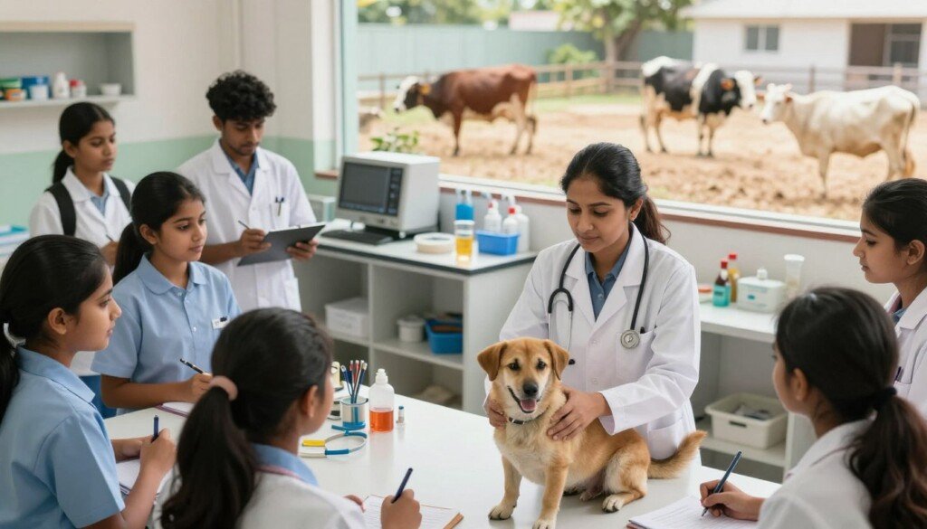A vibrant and educational scene depicting career opportunities in veterinary sciences and animal husbandry. In the foreground, a professional Indian female veterinarian in a white lab coat examines a healthy dog, engaged in a consultative manner. Surrounding her, students of diverse backgrounds are attentively observing and taking notes, showcasing eagerness to learn about this field. The middle ground features a well-organized veterinary clinic with medical tools and animal care resources. In the background, a sunny outdoor area with various animals, such as cows and goats, signifies animal husbandry practices. Soft, natural lighting creates a welcoming atmosphere, intended to inspire future students about career paths without NEET. The angle is slightly elevated, providing a comprehensive view of this educational environment.