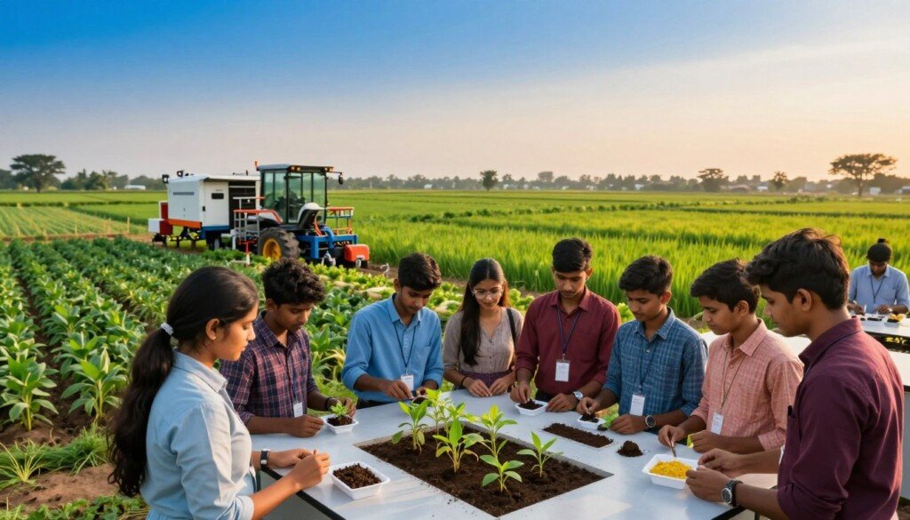 A vibrant and educational scene illustrating "Agriculture and Environmental Sciences Programmes." In the foreground, a diverse group of Indian students in smart casual attire attentively discusses plants and soil samples on a modern laboratory table, showcasing teamwork and collaboration. The middle ground features lush green fields with a mix of crops, emphasizing sustainable practices, alongside advanced agricultural equipment. In the background, a clear blue sky transitions into a gentle sunset, casting warm golden light over the landscape. The setting conveys a professional and inspiring atmosphere, highlighting the importance of environmental conservation in agriculture. The composition should be shot from a slightly elevated angle to capture both the students’ engagement and the beautiful agricultural scenery around them, creating a sense of hope and opportunity in the field. A vibrant and educational scene illustrating "Agriculture and Environmental Sciences Programmes." In the foreground, a diverse group of Indian students in smart casual attire attentively discusses plants and soil samples on a modern laboratory table, showcasing teamwork and collaboration. The middle ground features lush green fields with a mix of crops, emphasizing sustainable practices, alongside advanced agricultural equipment. In the background, a clear blue sky transitions into a gentle sunset, casting warm golden light over the landscape. The setting conveys a professional and inspiring atmosphere, highlighting the importance of environmental conservation in agriculture. The composition should be shot from a slightly elevated angle to capture both the students’ engagement and the beautiful agricultural scenery around them, creating a sense of hope and opportunity in the field.