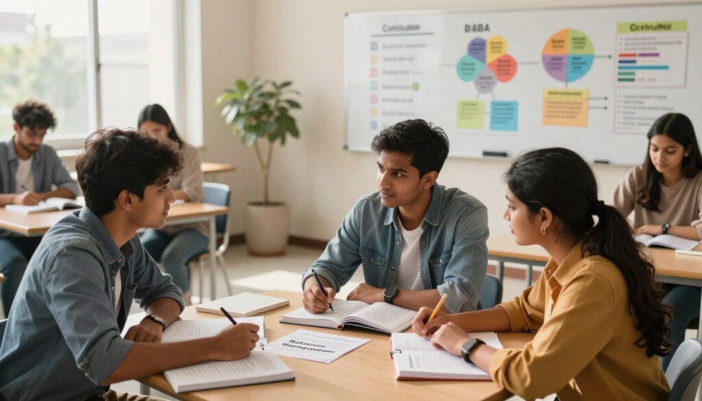 A vibrant and educational scene showcasing a diverse group of Indian students engaged in a collaborative study session focused on BBA subjects. In the foreground, two students, one male and one female, are intently discussing concepts, surrounded by textbooks and notebooks displaying titles like "Marketing Management," "Financial Accounting," and "Business Communication." The middle ground features a whiteboard filled with a curriculum outline and colorful charts depicting various BBA subjects. In the background, a well-lit classroom setting with modern furniture and a serene ambiance enhances the learning atmosphere. Soft, natural lighting streams through large windows, casting a warm glow. The mood is focused and professional, emphasizing an educational environment ready for discussion and discovery.