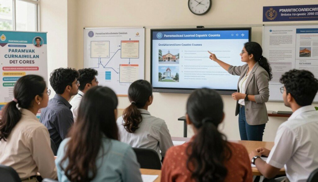 A vibrant and engaging scene depicting a professional career counseling session for Indian students considering paramedical courses. In the foreground, a diverse group of students in modest, professional attire are attentively listening to a knowledgeable counselor, who is pointing towards a digital screen displaying educational content about various paramedical courses. The middle of the image features charts and images of medical diplomas and institutions, symbolizing the variety of training options available. In the background, a bright, well-lit college setting with banners and educational materials showcases a welcoming atmosphere. The overall mood is inspiring and focused on education, conveying a sense of opportunity and professional growth in the field of paramedicine. Lens: 50mm, angle: slightly elevated to capture the interaction.