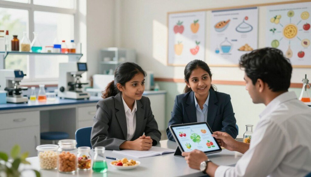 A vibrant and informative illustration showcasing various career options in food technology and nutrition sciences. In the foreground, an Indian student in professional attire, engaged in an interactive career counseling session with a mentor, both examining a digital tablet displaying food technology graphics. The middle layer features an array of modern kitchen equipment, laboratory setups, and samples of processed foods symbolizing innovation in food technology. In the background, a bright and welcoming classroom environment with charts related to nutrition and technology on the walls, infused with natural sunlight. The overall mood is inspirational and educational, emphasizing the endless possibilities in the field of food technology. Use a wide-angle lens with soft focus for depth and clarity, capturing a sense of enthusiasm and motivation.