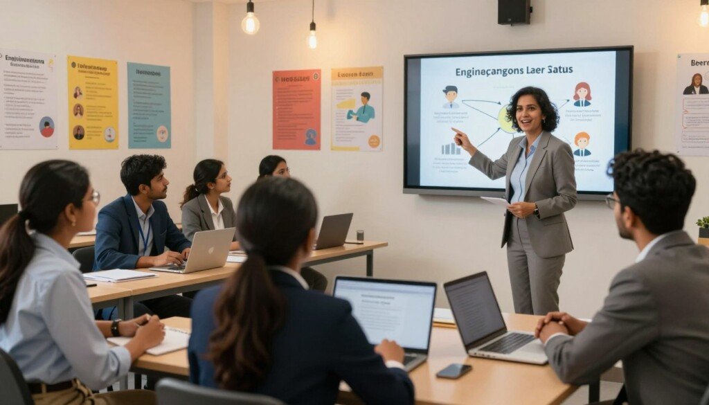 A vibrant and inspiring career counseling scene set in a modern classroom. In the foreground, a diverse group of Indian students, dressed in professional business attire, engage in a discussion with a career counselor, a middle-aged individual in modest professional clothing. The counselor gestures enthusiastically while pointing to a digital display showing various potential career paths such as engineering, medicine, arts, and business. In the middle background, colorful posters of different career options adorn the walls, and students are seated at desks with notebooks and laptops open, exploring their interests. Soft, warm lighting bulbs illuminate the room, creating an inviting atmosphere for learning. The angle captures both the interaction and the surrounding educational environment, emphasizing an atmosphere of guidance and aspiration, motivating the students to align their dreams with professional goals.