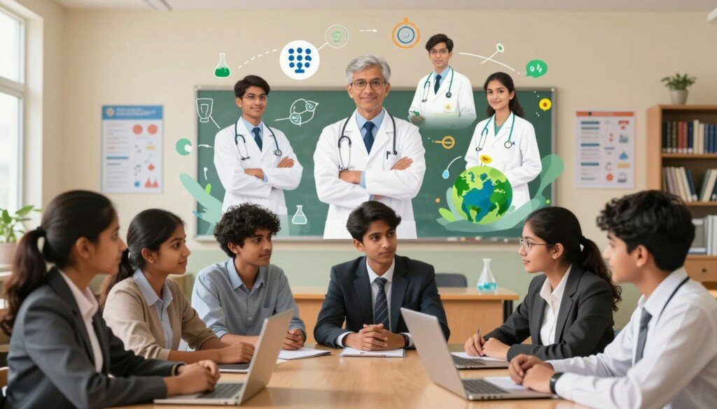A vibrant and inspiring scene depicting various career opportunities in the Science stream for Indian students. In the foreground, a diverse group of young students, dressed in professional business attire, engage in discussions about their career paths. The middle ground features visual representations of various science-related professions, such as a doctor, engineer, researcher, and environmentalist, arranged in a dynamic layout. In the background, an academic setting with a modern classroom filled with science posters and bookshelves creates an educational atmosphere. Soft, warm lighting illuminates the scene, enhancing the sense of hope and ambition. The overall mood is optimistic and forward-looking, inspiring young individuals to explore their future in science.