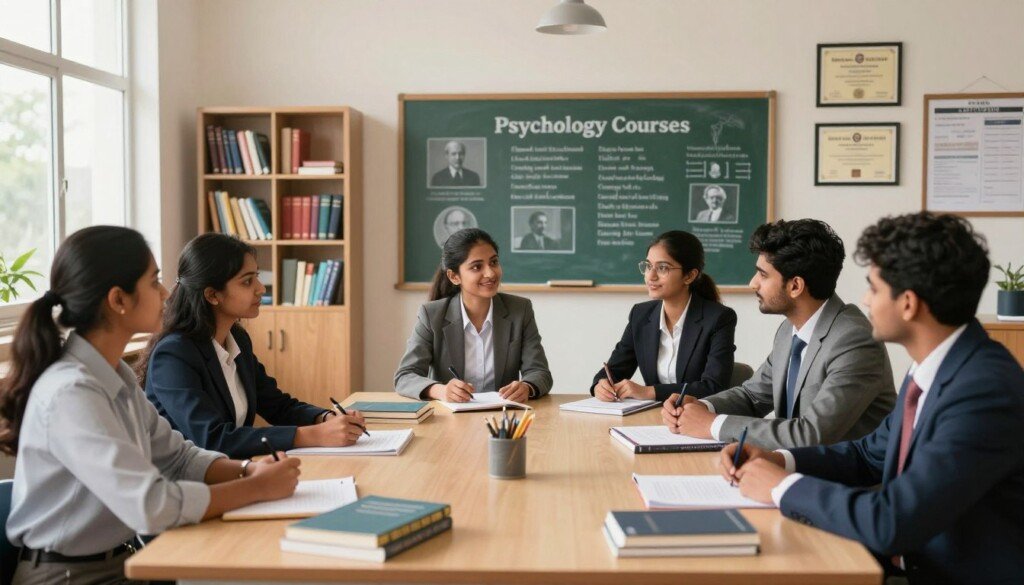 A vibrant and inviting classroom scene showcasing the best psychology courses in India. In the foreground, a group of diverse Indian students, dressed in professional business attire, are engaged in an animated discussion around a large table filled with psychology textbooks and notes. In the middle, a modern, well-lit lecture hall is depicted, with a chalkboard displaying images of famous psychologists and theories. The background features a bookshelf filled with psychology literature and diplomas hanging on the walls, symbolizing prestigious colleges and universities. Soft, natural lighting streams through large windows, creating a warm and encouraging atmosphere. The overall mood is one of enthusiasm, growth, and academic achievement, emphasizing the journey of students pursuing their dream careers in psychology. A vibrant and inviting classroom scene showcasing the best psychology courses in India. In the foreground, a group of diverse Indian students, dressed in professional business attire, are engaged in an animated discussion around a large table filled with psychology textbooks and notes. In the middle, a modern, well-lit lecture hall is depicted, with a chalkboard displaying images of famous psychologists and theories. The background features a bookshelf filled with psychology literature and diplomas hanging on the walls, symbolizing prestigious colleges and universities. Soft, natural lighting streams through large windows, creating a warm and encouraging atmosphere. The overall mood is one of enthusiasm, growth, and academic achievement, emphasizing the journey of students pursuing their dream careers in psychology.