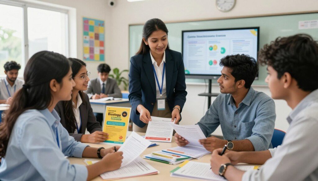 A vibrant and professional scene depicting a diverse group of Indian students engaged in discussion about biology courses in an educational setting. In the foreground, two motivated students, a young woman and a young man, are reviewing course materials on a table, both dressed in professional attire. In the middle, a career counselor is guiding them, surrounded by colorful brochures and a digital display showcasing various biology course options. The background features a bright and modern classroom with educational posters on the walls. Soft, natural lighting pours in through large windows, creating an inviting and inspiring atmosphere. The overall mood is one of enthusiasm and ambition, reflecting the journey of choosing the ideal biology course after completing secondary education. A vibrant and professional scene depicting a diverse group of Indian students engaged in discussion about biology courses in an educational setting. In the foreground, two motivated students, a young woman and a young man, are reviewing course materials on a table, both dressed in professional attire. In the middle, a career counselor is guiding them, surrounded by colorful brochures and a digital display showcasing various biology course options. The background features a bright and modern classroom with educational posters on the walls. Soft, natural lighting pours in through large windows, creating an inviting and inspiring atmosphere. The overall mood is one of enthusiasm and ambition, reflecting the journey of choosing the ideal biology course after completing secondary education.