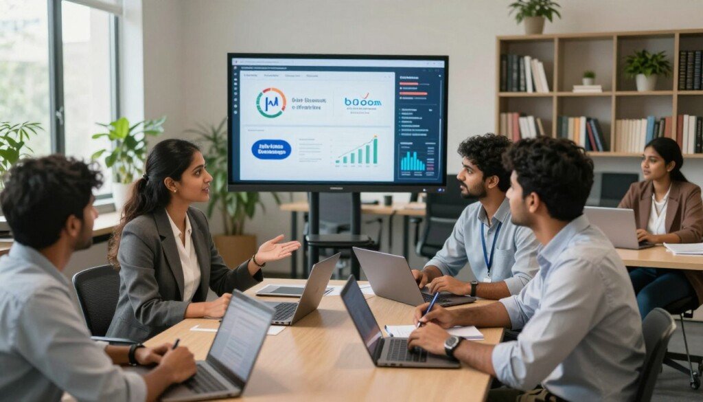 A vibrant and professional scene depicting a diverse group of Indian students engaging in a career counseling session focused on data science and AI opportunities. In the foreground, a young woman in business attire is animatedly discussing with a male student, who is seated and taking notes on a laptop. The middle layer features an interactive digital display showcasing logos of top Indian companies hiring data science professionals, alongside visual graphs and statistics. In the background, a modern office space filled with bookshelves and plants, illuminated by soft natural lighting filtering through large windows, conveys an atmosphere of professionalism and optimism. The composition should use a wide-angle lens for depth, ensuring a clean and educational environment, emphasizing collaboration and growth in the field. A vibrant and professional scene depicting a diverse group of Indian students engaging in a career counseling session focused on data science and AI opportunities. In the foreground, a young woman in business attire is animatedly discussing with a male student, who is seated and taking notes on a laptop. The middle layer features an interactive digital display showcasing logos of top Indian companies hiring data science professionals, alongside visual graphs and statistics. In the background, a modern office space filled with bookshelves and plants, illuminated by soft natural lighting filtering through large windows, conveys an atmosphere of professionalism and optimism. The composition should use a wide-angle lens for depth, ensuring a clean and educational environment, emphasizing collaboration and growth in the field.
