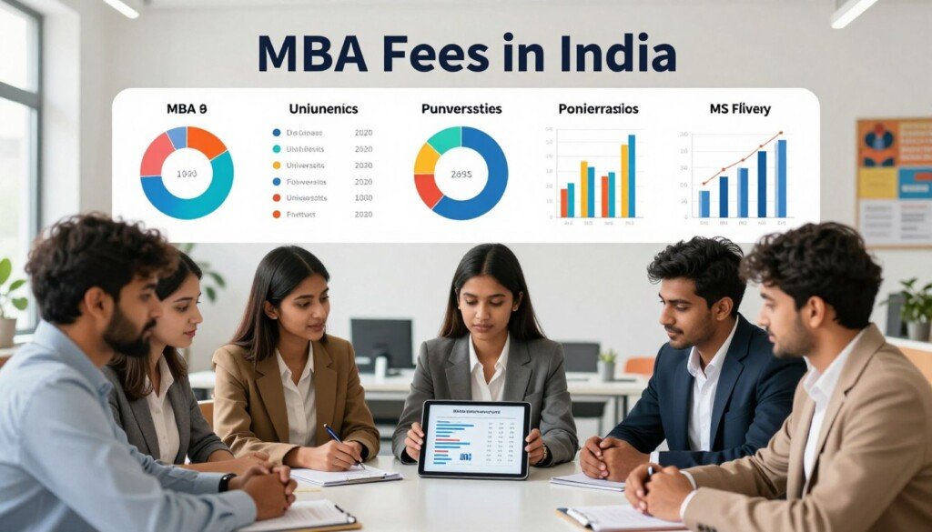 A vibrant and professionally designed infographic illustrating "MBA Fees in India" for 2026. In the foreground, a diverse group of Indian students in smart business attire engages in a career counseling session, examining charts and fee breakdowns on a tablet. The middle layer features a clean, visually appealing breakdown of various MBA program costs, depicted with colorful pie charts and bar graphs, each showing different fee structures across top universities. The background offers a bright and modern classroom setting, filled with educational resources and motivational posters. Soft, natural lighting enhances the atmosphere, creating a focused and inspiring mood. The composition is well-balanced and organized, clearly conveying the topic without any text or graphical overlays.