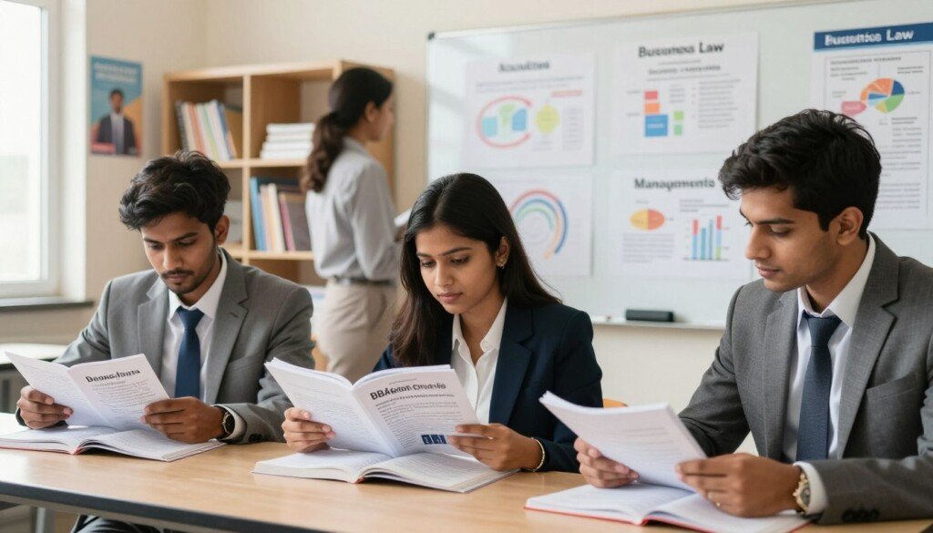 A vibrant classroom scene depicting Indian students engaged in a BBA curriculum setting. In the foreground, three diverse students—two males and one female—are deeply focused on studying textbooks about business administration, economics, and marketing, all dressed in professional business attire. In the middle ground, a whiteboard is covered with charts and diagrams illustrating various BBA subjects like Accounting, Business Law, and Management Principles. The background features shelves filled with educational resources and motivational posters promoting learning. Bright, natural lighting floods the room, creating an inspiring atmosphere. The angle should capture the collaborative spirit of a learning environment, emphasizing teamwork and knowledge sharing among the students. The overall mood is energetic and educational, ideal for an academic setting.