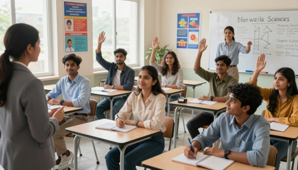 A vibrant classroom setting, focusing on a group of diverse Indian students engaged in a career counselling session. In the foreground, a knowledgeable instructor is discussing non-medical subjects like Mathematics, Physics, and Computer Science, with a whiteboard displaying diagrams. In the middle, students of various backgrounds, wearing professional business attire and modest casual clothing, are attentively taking notes and raising hands. The background features educational posters about future career paths and non-medical streams. Soft, natural lighting filters through large windows, creating a welcoming and focused atmosphere. The camera angle is slightly elevated, capturing the interaction and enthusiasm of the students, emphasizing the importance of making informed subject choices.