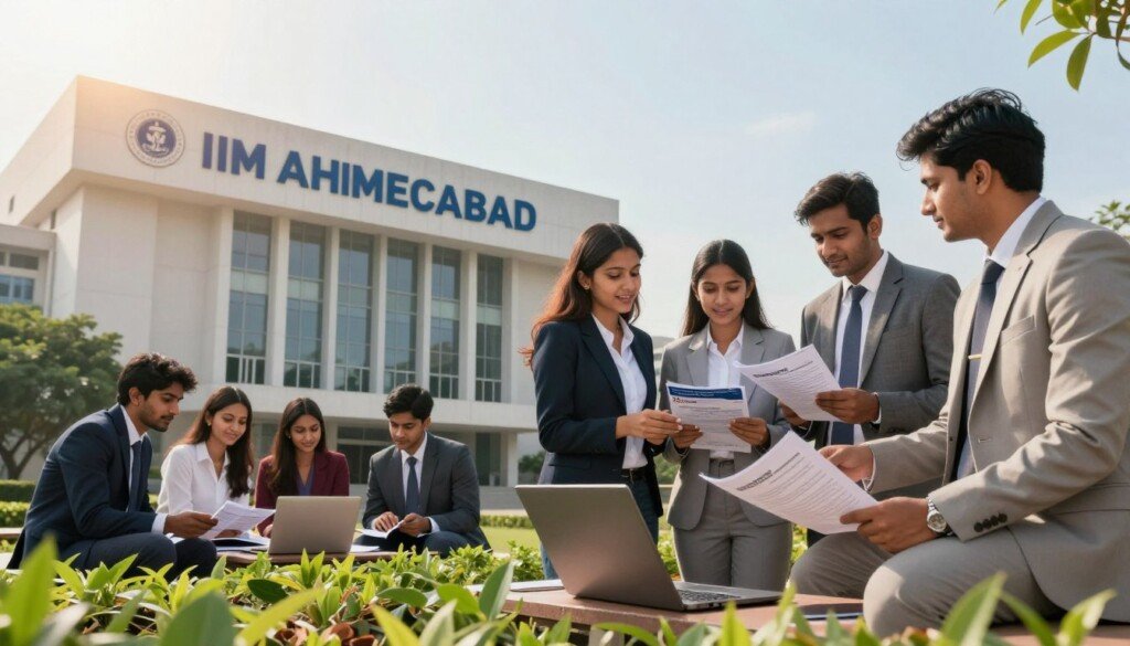 A vibrant, professional image featuring several iconic top MBA colleges in India, including a prominent building of one of the leading institutions like IIM Ahmedabad or IIM Bangalore in the foreground, showcasing modern architecture with green landscaping. In the middle ground, groups of diverse Indian students in professional business attire are engaged in discussions, with some pointing at open laptops and brochures, embodying a vibrant learning environment. The background reveals a clear sky with soft sunlight casting warm glowing light, enhancing the educational and motivational atmosphere. Capture the essence of ambition and career growth, with students looking focused and determined as they explore their MBA options. The scene should evoke a sense of professionalism, cleanliness, and educational pursuit, creating an inspiring visual narrative.