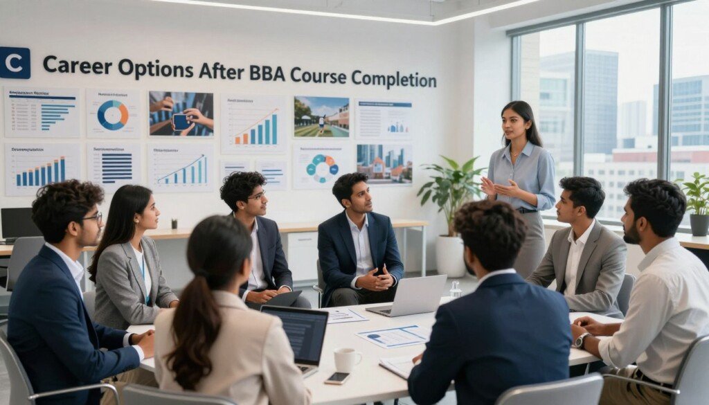 A vibrant, professional scene illustrating "Career Options After BBA Course Completion". In the foreground, a diverse group of Indian students, dressed in smart business attire, engaged in a career counseling session, with one student actively questioning a career advisor. In the middle ground, a large, modern office space features an array of career-related visuals like charts, graphs, and images representing various industries such as finance, marketing, and entrepreneurship. In the background, a large window showcases a bustling cityscape, symbolizing opportunities. Soft, natural lighting floods the room, creating an inviting atmosphere. The composition emphasizes professionalism and ambition, capturing the essence of career exploration for BBA graduates. The image is clean and educational, suitable for an informative guide. A vibrant, professional scene illustrating "Career Options After BBA Course Completion". In the foreground, a diverse group of Indian students, dressed in smart business attire, engaged in a career counseling session, with one student actively questioning a career advisor. In the middle ground, a large, modern office space features an array of career-related visuals like charts, graphs, and images representing various industries such as finance, marketing, and entrepreneurship. In the background, a large window showcases a bustling cityscape, symbolizing opportunities. Soft, natural lighting floods the room, creating an inviting atmosphere. The composition emphasizes professionalism and ambition, capturing the essence of career exploration for BBA graduates. The image is clean and educational, suitable for an informative guide.