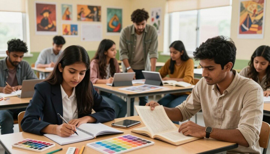 A vibrant scene showcasing the versatility of the Arts stream, featuring a diverse group of Indian students engaged in various creative and humanities-related activities. In the foreground, a young woman wearing professional attire sketches on a notebook, surrounded by color palettes and art supplies. To her right, a young man in modest casual clothing analyzes a historical text, intently taking notes. In the middle ground, a small group collaborates on a project, discussing ideas animatedly with books and digital tablets spread out before them. The background depicts an engaging classroom environment filled with art, history, and literature posters, bathed in warm, natural light from large windows. The atmosphere is inspiring and educational, highlighting the dynamic nature of the Arts stream as a pathway to creativity and critical thinking.