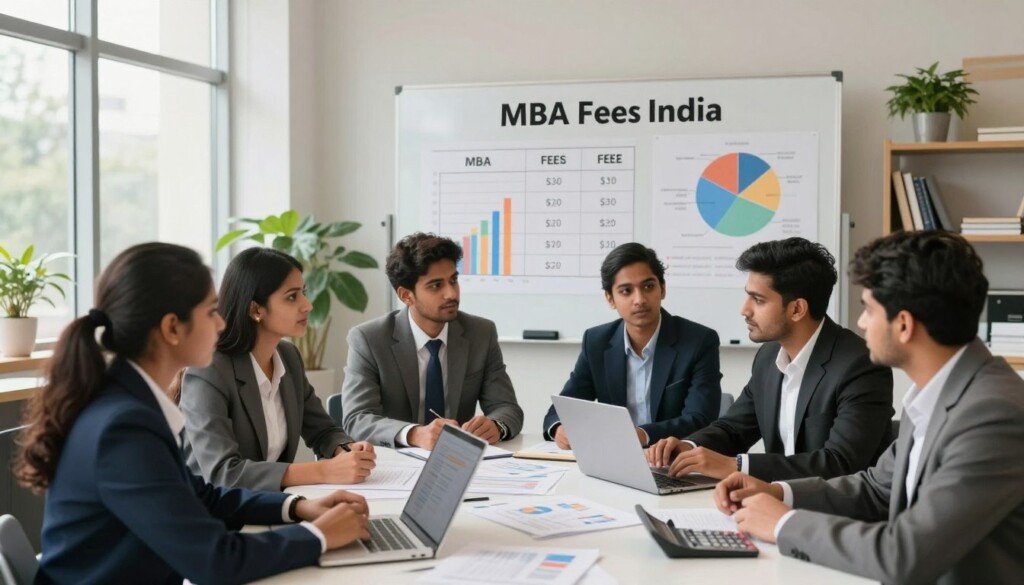 A visually engaging and informative scene depicting MBA fees in India set in a modern educational environment. In the foreground, a diverse group of Indian students, dressed in professional business attire, are engaged in a discussion around a large table covered with financial documents, laptops, and a calculator. The middle ground features a whiteboard with charts and graphs illustrating the fee structure, prominently highlighting different MBA programs. In the background, large windows let in soft, natural light, creating an uplifting atmosphere. The setting is a well-lit classroom or study room, filled with plants and educational materials, symbolizing growth and knowledge. The overall mood is focused and professional, aimed at inspiring students to create their financial plans for 2026 MBA admissions.