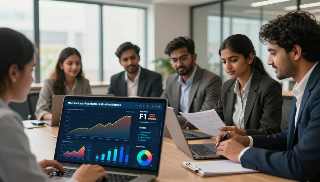 A visually engaging depiction of machine learning model evaluation metrics in a professional, educational setting. In the foreground, an elegantly designed digital dashboard displays key metrics like accuracy, precision, recall, and F1 score, represented through vibrant, interactive graphs and charts. The middle ground features a diverse group of Indian students, dressed in professional business attire, intently discussing these metrics with laptops open and notes in hand, showcasing a collaborative learning environment. The background includes a modern office space with large windows, letting in soft, natural light, creating a warm and inviting atmosphere. The overall mood is focused and inspiring, emphasizing the importance of mastering data science concepts for career advancement.