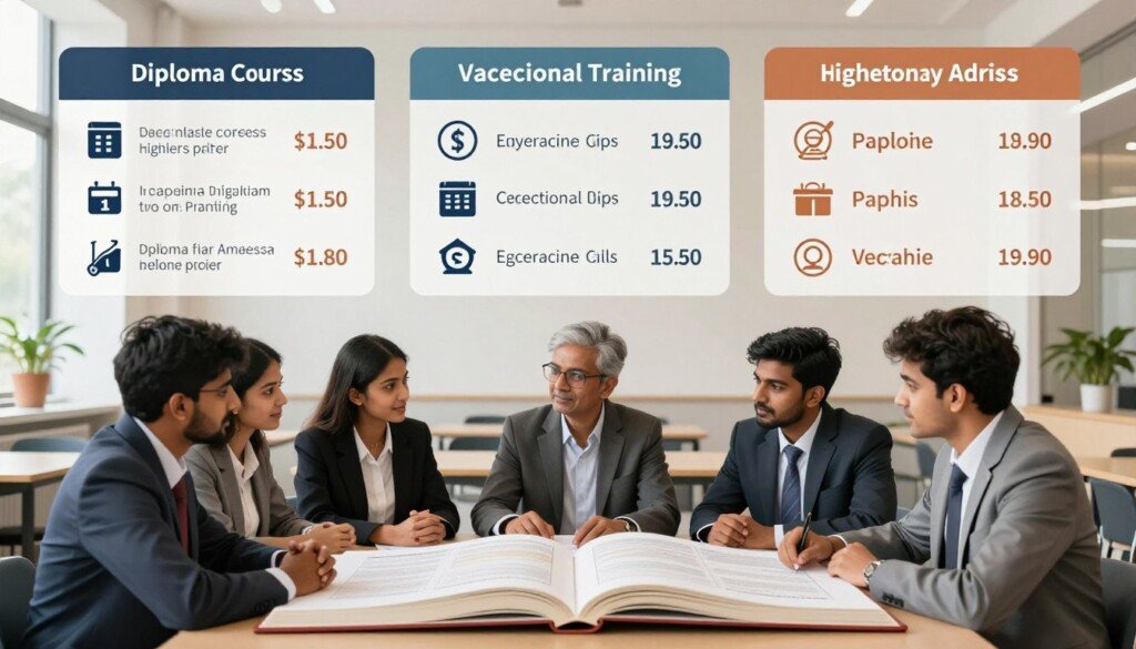 A visually engaging educational infographic depicting the comparison of diploma courses with other educational options. In the foreground, a diverse group of professional Indian students in business attire engaged in a discussion around a large open book, symbolizing various diplomas and career paths. In the middle ground, visual representations of diploma courses and alternative options like vocational training and higher secondary education are laid out in neat sections with icons representing fees and durations. The background features a modern classroom or career counseling center with soft, natural lighting highlighting an atmosphere of learning and decision-making. The overall mood is informative and inspiring, encouraging viewers to explore their educational choices thoughtfully.