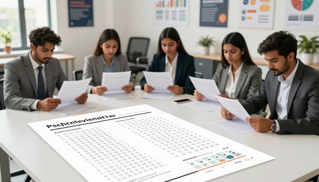 A visually engaging illustration of a psychometric test question format, designed for an educational context. In the foreground, a top-down view of a clean, organized desk with a psychometric test paper displaying multiple-choice questions with clear answer options and graphically illustrated scales for evaluation. In the middle, a diverse group of Indian students, dressed in professional business attire, are focused on analyzing test sheets, exuding a sense of concentration and determination. The background features a modern career counseling office with motivational posters and study materials, softly lit by natural daylight filtering through large windows, creating an inviting and professional atmosphere. The overall mood conveys a serious yet inspiring approach to career assessment. A visually engaging illustration of a psychometric test question format, designed for an educational context. In the foreground, a top-down view of a clean, organized desk with a psychometric test paper displaying multiple-choice questions with clear answer options and graphically illustrated scales for evaluation. In the middle, a diverse group of Indian students, dressed in professional business attire, are focused on analyzing test sheets, exuding a sense of concentration and determination. The background features a modern career counseling office with motivational posters and study materials, softly lit by natural daylight filtering through large windows, creating an inviting and professional atmosphere. The overall mood conveys a serious yet inspiring approach to career assessment.